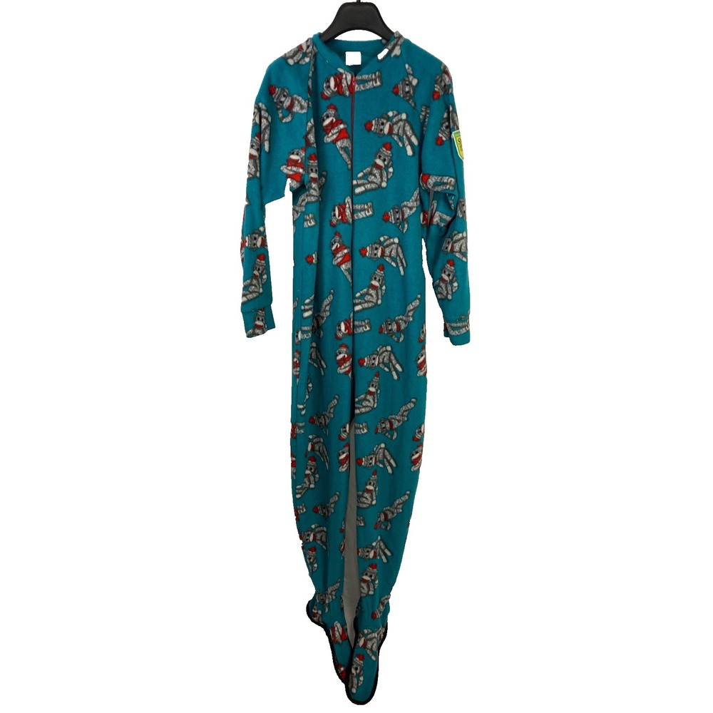 Snug As A Bug Adult M Fleece Footed Pajamas Sock Monkey Teal One Piece